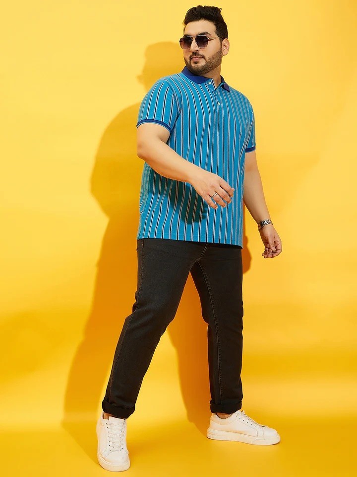 Amazing Plus Size Blue Striped Polo T-shirt